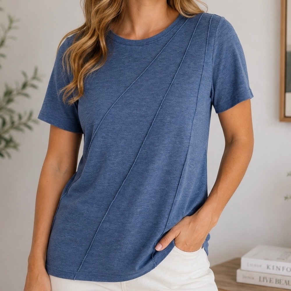 Automet Blue Short Sleeve Top L Asymmetrical Seam Stretch Casual Soft Tee Women